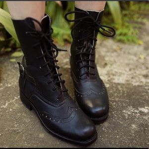 Black leather vintage style lace up boots